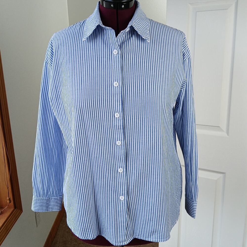 Zeagoo Blue Striped Button-up Shirt L unisex classic office long sleeve collar - Picture 6 of 11